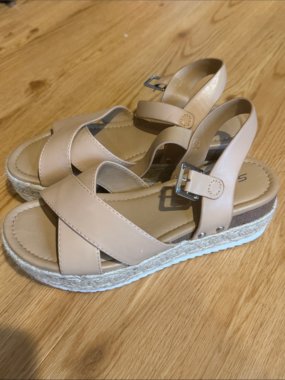 Soda Beige Crisscross Wedge Sandals with Buckle